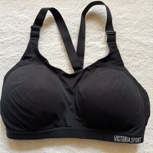 Victoria's Secret Black Sports Bra with Crossback Straps, breathable lace sides.